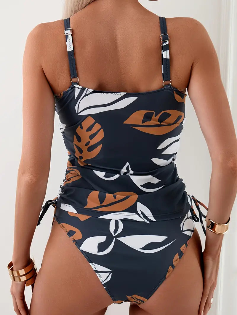 Damen-Tankini-Set mit Blattmuster, Knotendetail und seitlichen Kordelzügen-Swimwear for women-Alpenkind