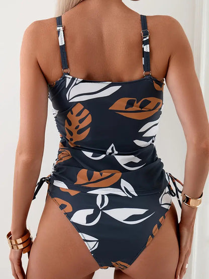 Damen-Tankini-Set mit Blattmuster, Knotendetail und seitlichen Kordelzügen-Swimwear for women-Alpenkind