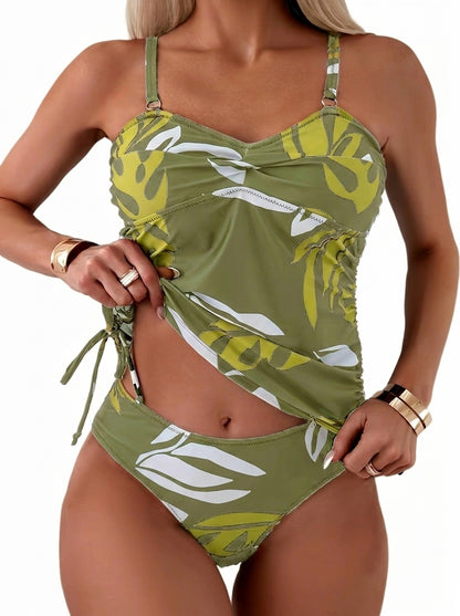 Damen-Tankini-Set mit Blattmuster, Knotendetail und seitlichen Kordelzügen-Swimwear for women-Alpenkind