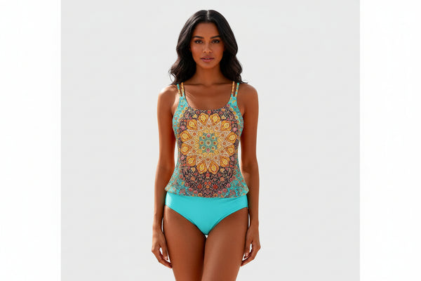 Damen Tankini Set mit gemustertem Oberteil und Bikinihose-Women Swimwear-Alpenkind