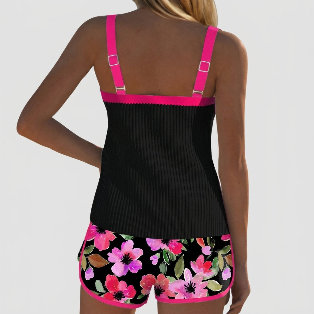 Damen-Tankini-Set mit geripptem Oberteil und gemusterten Shorts-Sets for women-Alpenkind