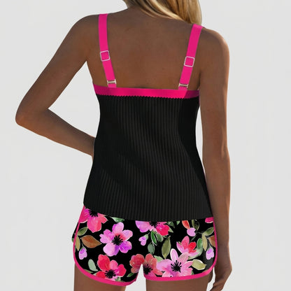 Damen-Tankini-Set mit geripptem Oberteil und gemusterten Shorts-Sets for women-Alpenkind