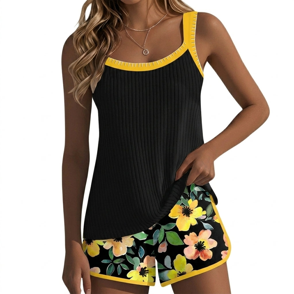 Damen-Tankini-Set mit geripptem Oberteil und gemusterten Shorts-Sets for women-Alpenkind