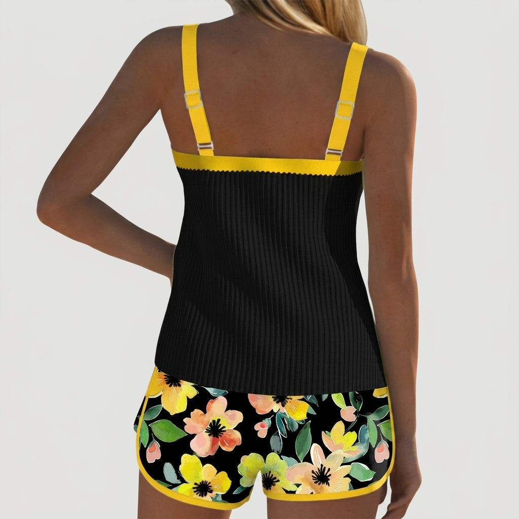 Damen-Tankini-Set mit geripptem Oberteil und gemusterten Shorts-Sets for women-Alpenkind