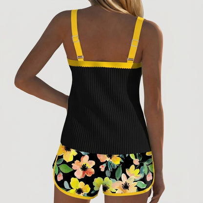 Damen-Tankini-Set mit geripptem Oberteil und gemusterten Shorts-Sets for women-Alpenkind