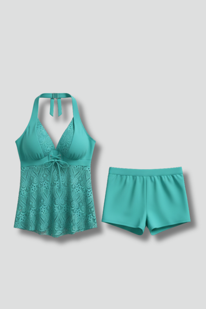 Damen Tankini Set mit Neckholder und Spitzenstruktur im Oberteil-Women Swimwear-Alpenkind