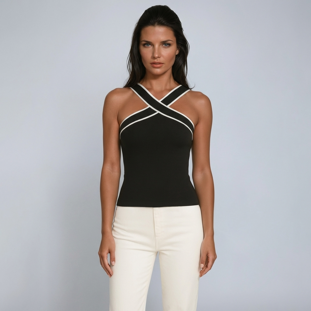 Damen-Tanktop mit überkreuztem Neckholder und Kontrastpaspelierung-Tops for women-Alpenkind