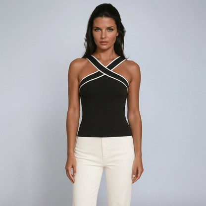 Damen-Tanktop mit überkreuztem Neckholder und Kontrastpaspelierung-Tops for women-Alpenkind