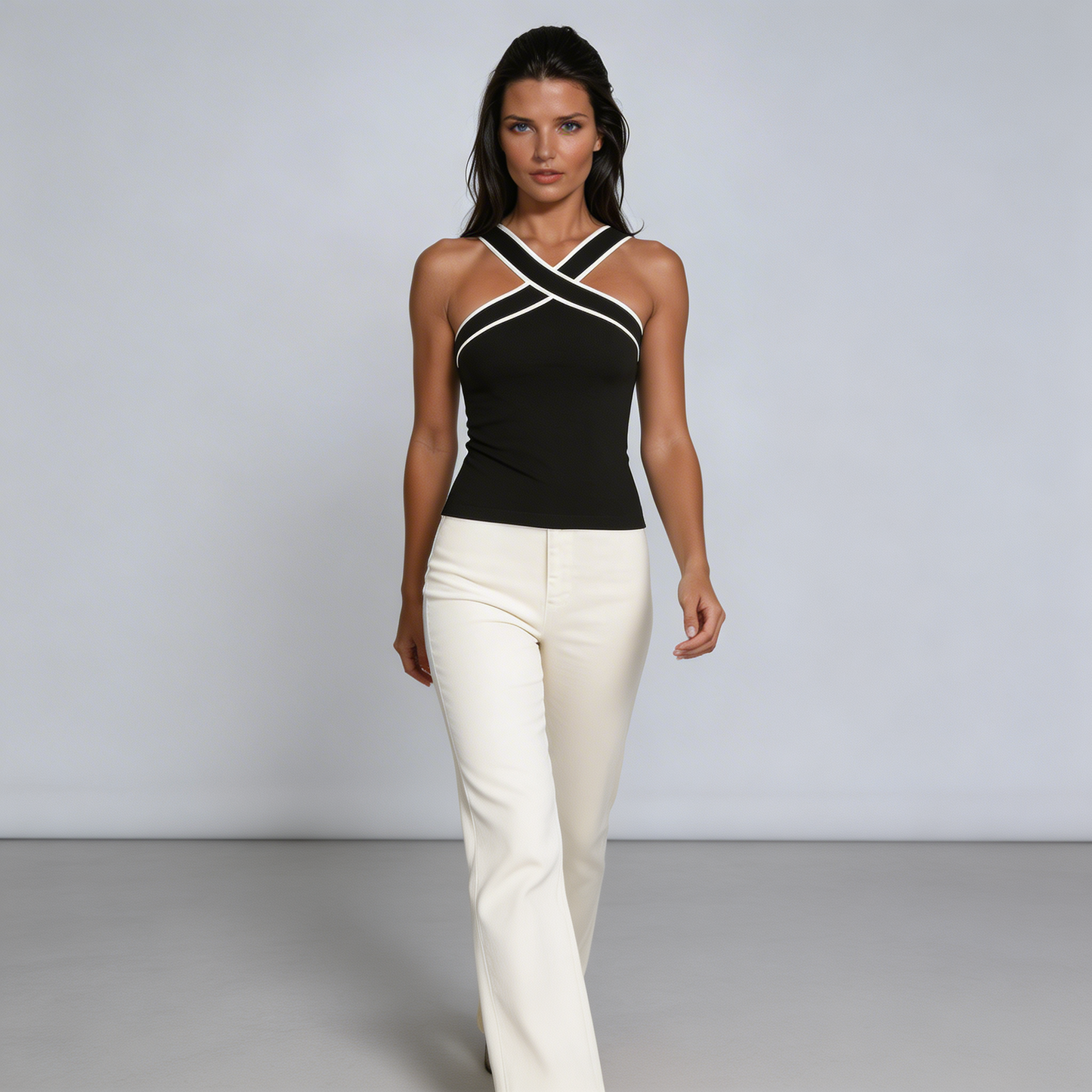 Damen-Tanktop mit überkreuztem Neckholder und Kontrastpaspelierung-Tops for women-Alpenkind