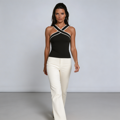 Damen-Tanktop mit überkreuztem Neckholder und Kontrastpaspelierung-Tops for women-Alpenkind