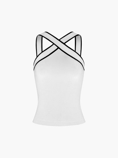 Damen-Tanktop mit überkreuztem Neckholder und Kontrastpaspelierung-Tops for women-Alpenkind