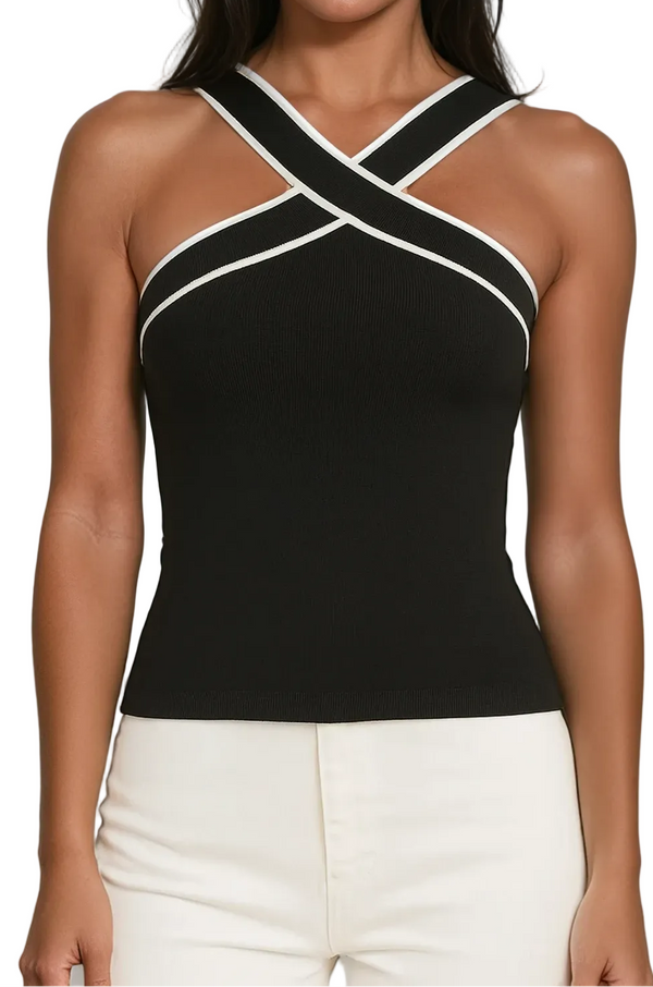 Damen-Tanktop mit überkreuztem Neckholder und Kontrastpaspelierung-Tops for women-Alpenkind