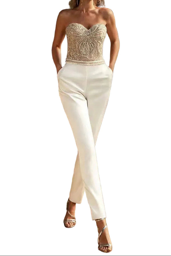 Damen trägerloser Jumpsuit mit strukturiertem Oberteil und geradem Bein-Jumpsuits for women-Alpenkind