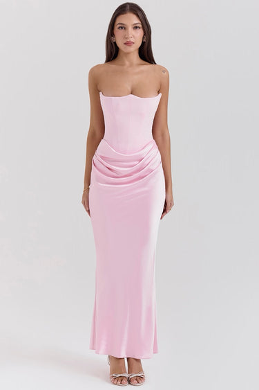 Damen trägerloses langes Kleid mit drapiertem Taillenpanel-Maxi Dress-Alpenkind