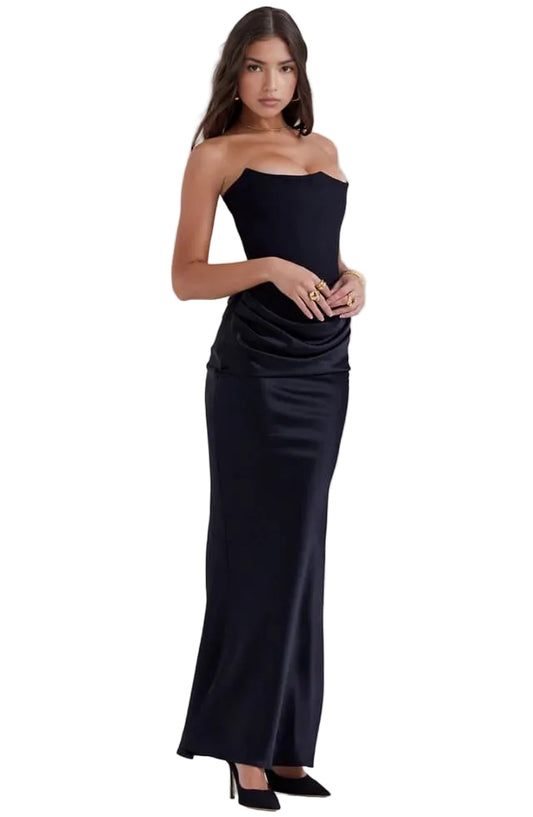 Damen trägerloses langes Kleid mit drapiertem Taillenpanel-Maxi Dress-Alpenkind