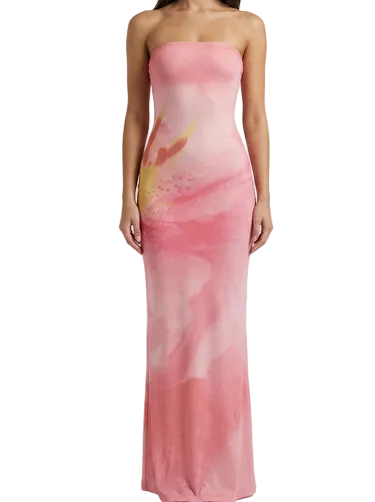 Damen trägerloses langes Kleid mit Druckmuster-Maxi Dress-Alpenkind