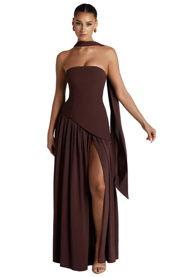 Damen trägerloses Maxikleid mit asymmetrischer Taille und Schlitz-Maxi Dress-Alpenkind