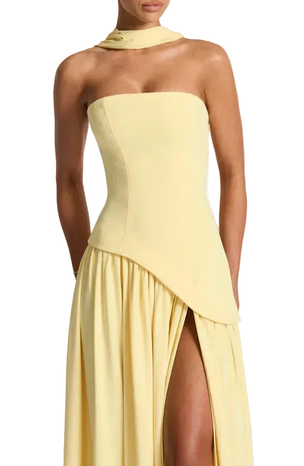 Damen trägerloses Maxikleid mit asymmetrischer Taille und Schlitz-Maxi Dress-Alpenkind