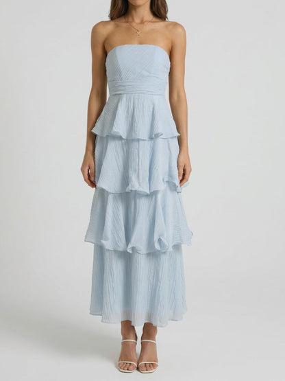 Damen trägerloses Maxikleid mit gestuftem Rock und Rüschenlagen-Maxi Dress-Alpenkind