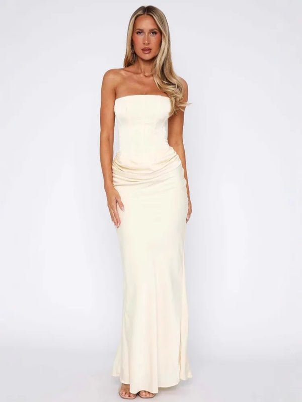 Damen Trägerloses Maxikleid mit Raffungen und Geradem Ausschnitt-Maxi Dress-Alpenkind