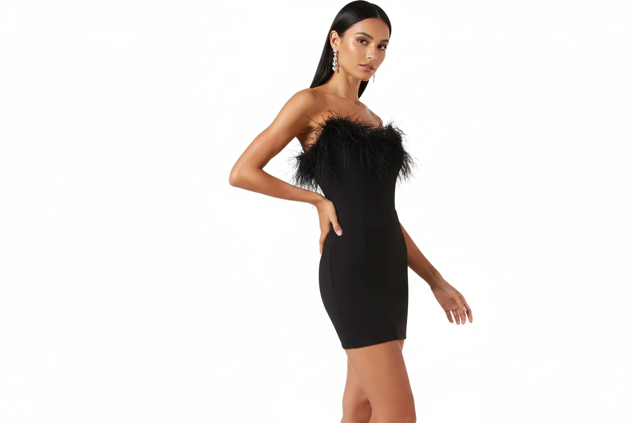 Damen Trägerloses Minikleid mit Federbesatz am Ausschnitt