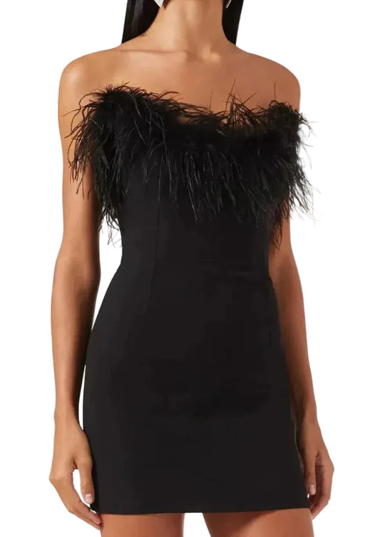 Damen Trägerloses Minikleid mit Federbesatz am Ausschnitt-Mini Dress-Alpenkind