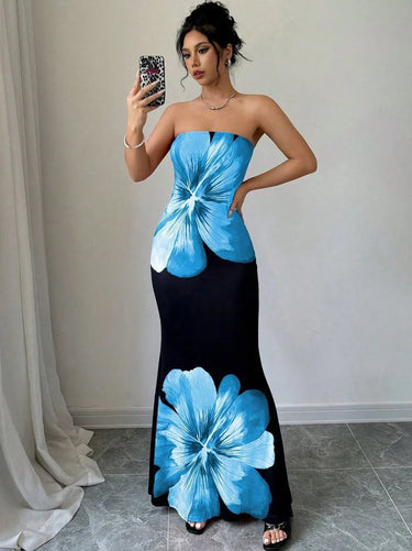 Damen Trägerloses Säulenkleid mit Großen Blumenmotiven-Maxi Dress-Alpenkind