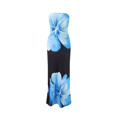 Damen Trägerloses Säulenkleid mit Großen Blumenmotiven-Maxi Dress-Alpenkind