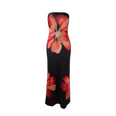 Damen Trägerloses Säulenkleid mit Großen Blumenmotiven-Maxi Dress-Alpenkind