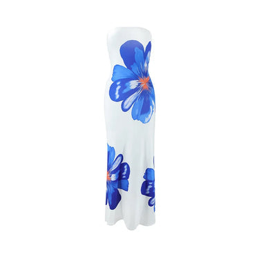 Damen Trägerloses Säulenkleid mit Großen Blumenmotiven-Maxi Dress-Alpenkind