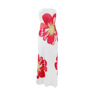 Damen Trägerloses Säulenkleid mit Großen Blumenmotiven-Maxi Dress-Alpenkind