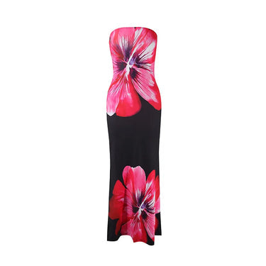 Damen Trägerloses Säulenkleid mit Großen Blumenmotiven-Maxi Dress-Alpenkind
