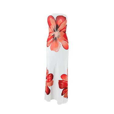 Damen Trägerloses Säulenkleid mit Großen Blumenmotiven-Maxi Dress-Alpenkind