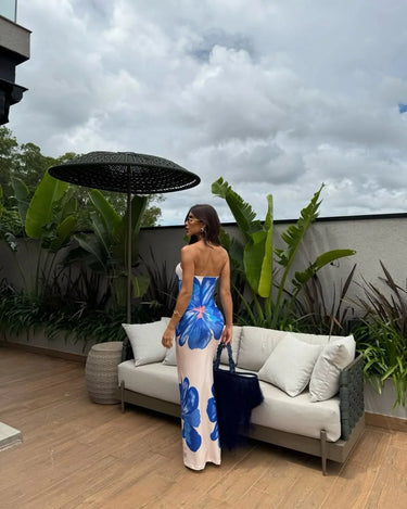 Damen Trägerloses Säulenkleid mit Großen Blumenmotiven-Maxi Dress-Alpenkind