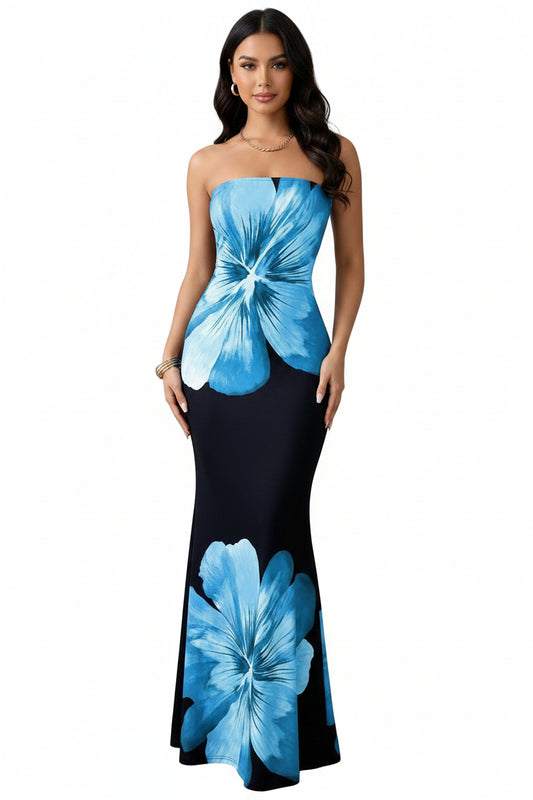 Damen Trägerloses Säulenkleid mit Großen Blumenmotiven-Maxi Dress-Alpenkind