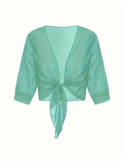 Damen transparente Kurzbluse mit Bindung vorne und kurzen Ärmeln-Women blouse-Alpenkind