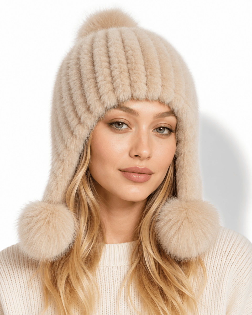 Damen-Trapper-Mütze aus Kunstfell mit Bommeln-Hat for women-Alpenkind