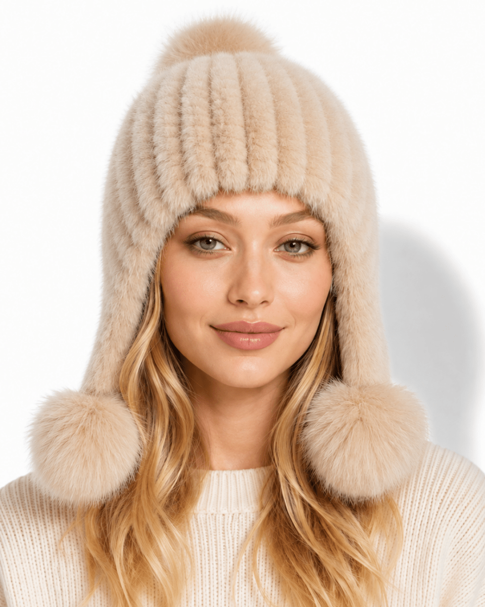 Damen-Trapper-Mütze aus Kunstfell mit Bommeln-Hat for women-Alpenkind