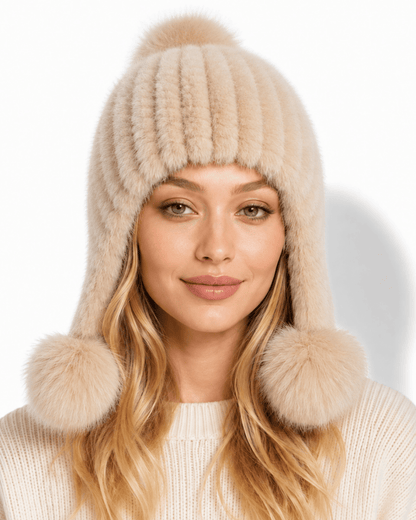 Damen-Trapper-Mütze aus Kunstfell mit Bommeln-Hat for women-Alpenkind
