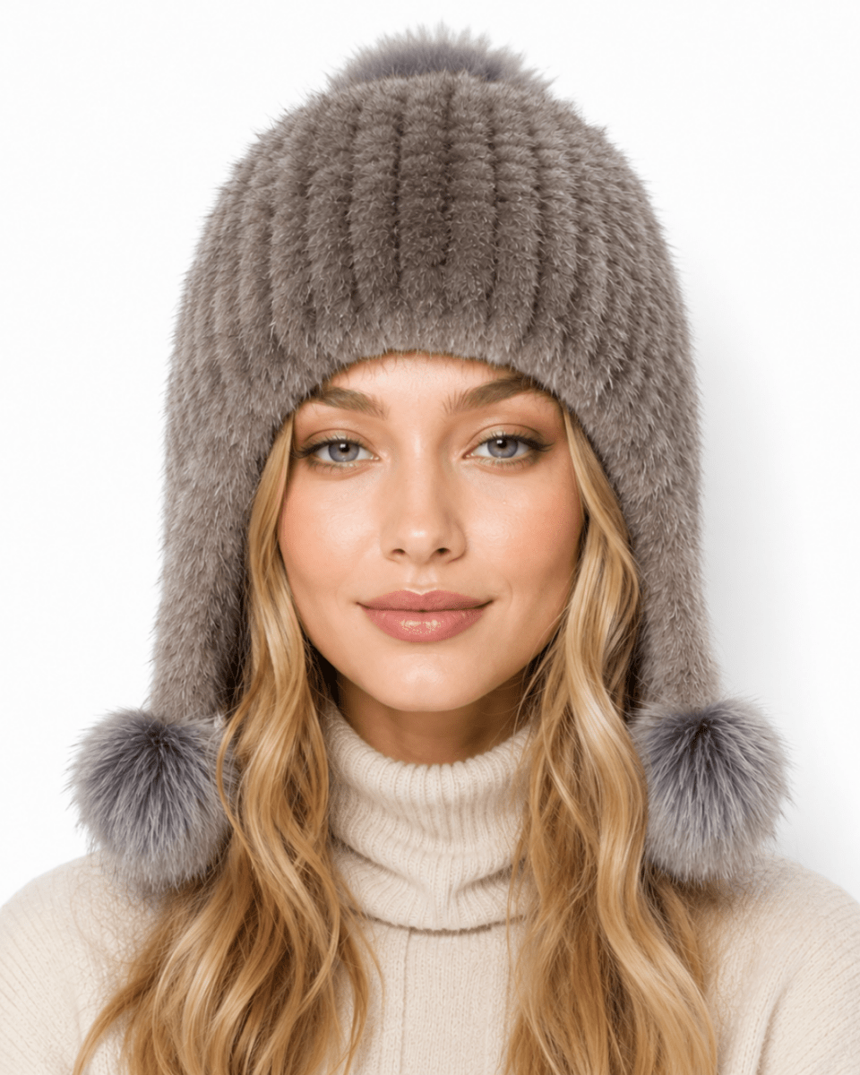 Damen-Trapper-Mütze aus Kunstfell mit Bommeln-Hat for women-Alpenkind