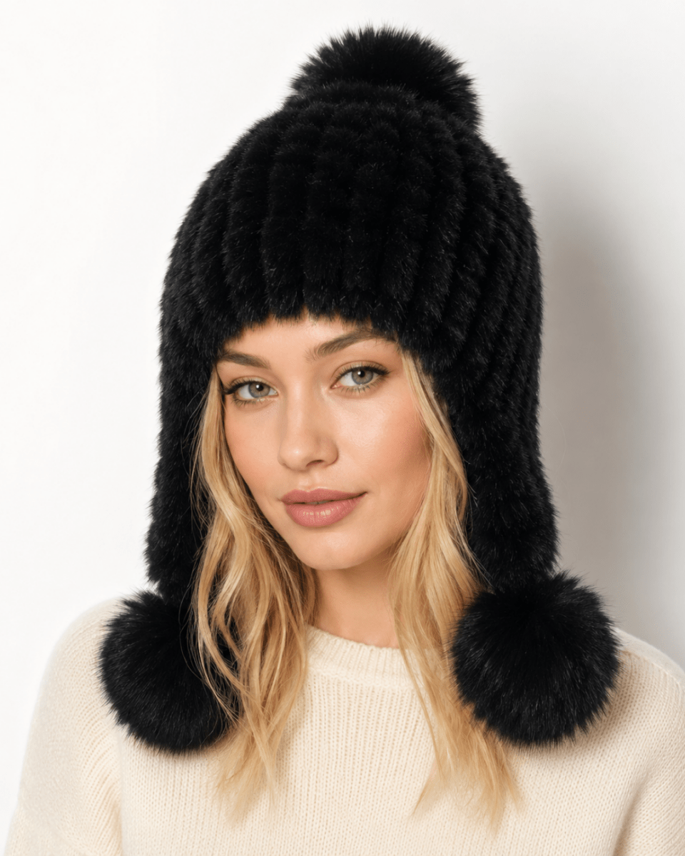 Damen-Trapper-Mütze aus Kunstfell mit Bommeln-Hat for women-Alpenkind