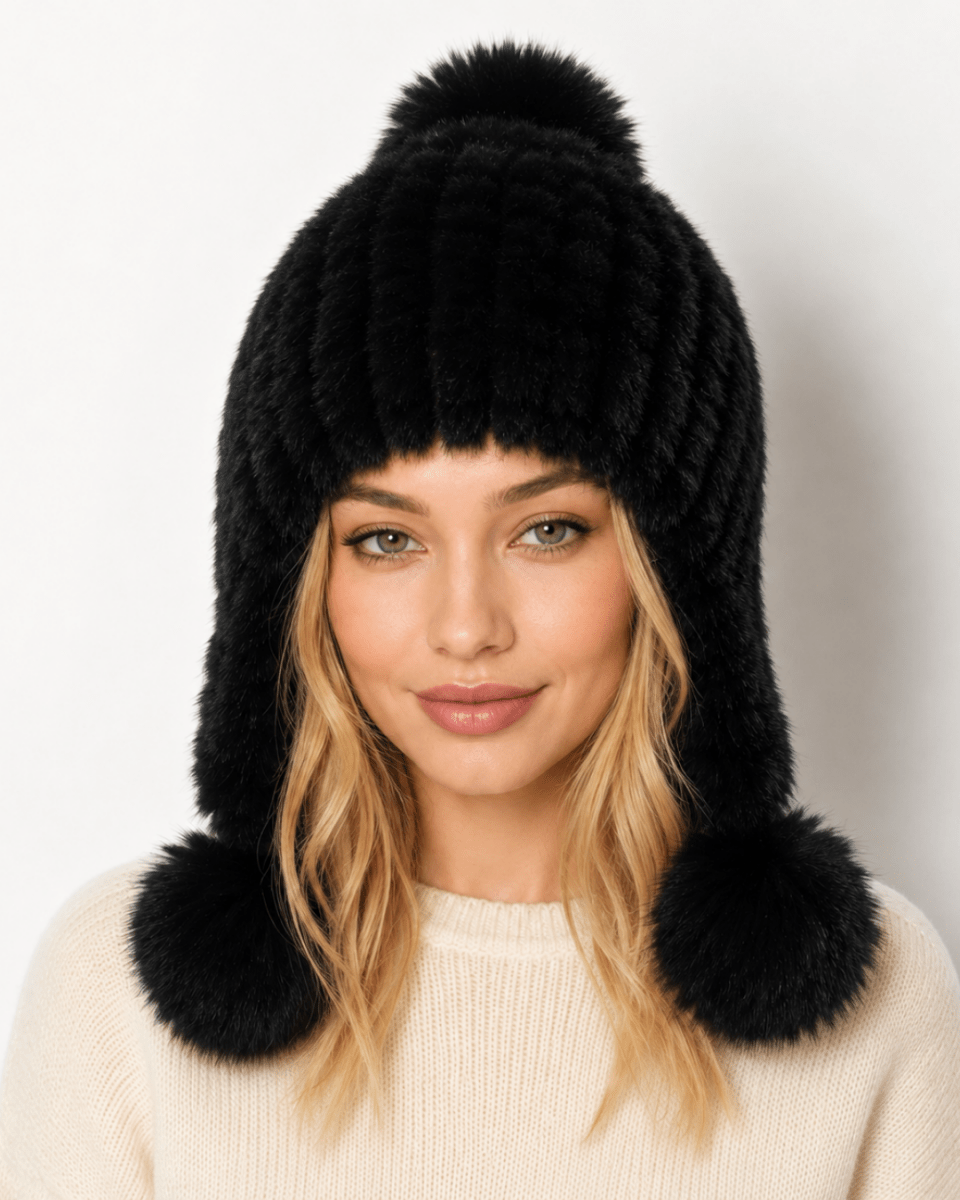 Damen-Trapper-Mütze aus Kunstfell mit Bommeln-Hat for women-Alpenkind