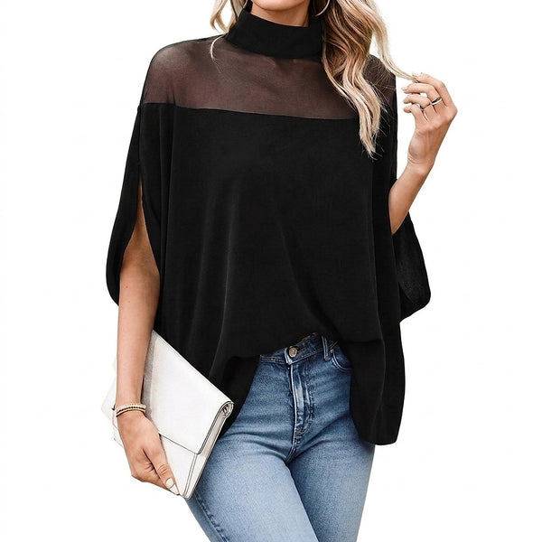Damen-Tunika mit Stehkragen und Mesh-Einsatz-Tops for women-Alpenkind