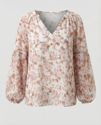 Damen V-Ausschnitt Bluse mit Blumenmuster und langen Ärmeln-Blouse for women-Alpenkind