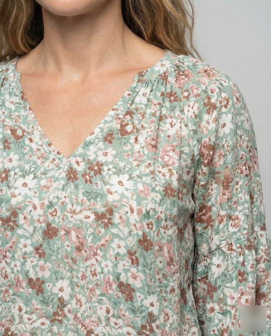 Damen V-Ausschnitt Bluse mit Blumenmuster und langen Ärmeln-Blouse for women-Alpenkind