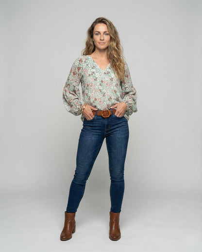 Damen V-Ausschnitt Bluse mit Blumenmuster und langen Ärmeln-Blouse for women-Alpenkind