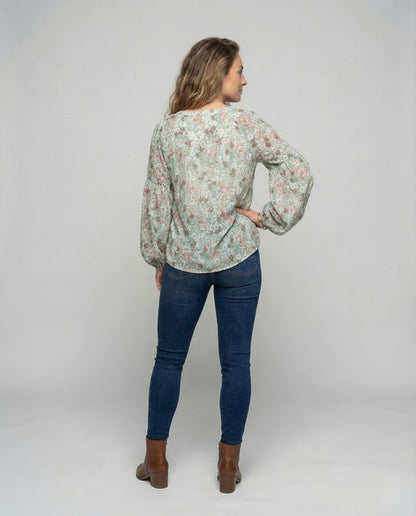 Damen V-Ausschnitt Bluse mit Blumenmuster und langen Ärmeln-Blouse for women-Alpenkind