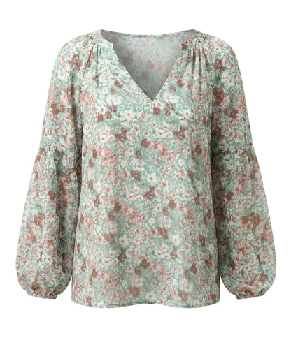 Damen V-Ausschnitt Bluse mit Blumenmuster und langen Ärmeln-Blouse for women-Alpenkind