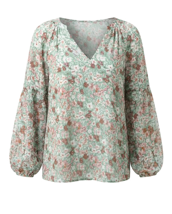 Damen V-Ausschnitt Bluse mit Blumenmuster und langen Ärmeln-Blouse for women-Alpenkind