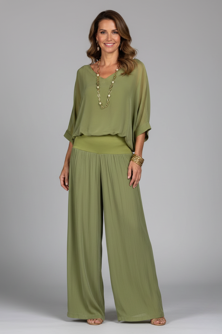 Damen V-Ausschnitt Oberteil und Weite Hose Set-Sets for women-Alpenkind